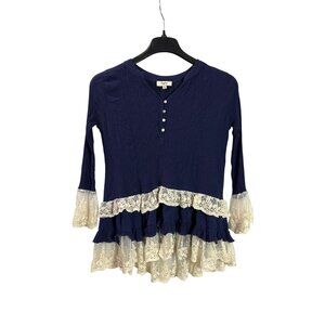 Hayden Los Angeles Gauzy Navy Blue Tunic Top Lace Ruffle Hem Sleeves S Rayon